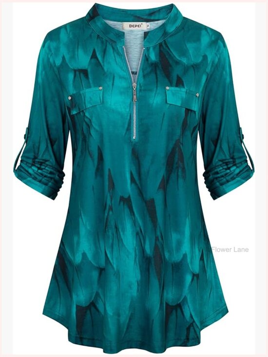 Tops - Floral 3/4 Sleeve Zip Up V Neck Work Chiffon Blouse Top Tunics